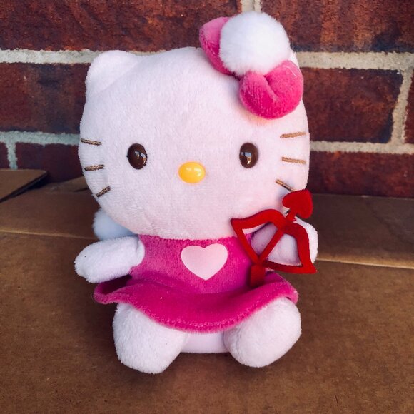2011 Cupid Hello Kitty TY Beanie Baby Plush Sanrio Pink Heart Bow 6” - Picture 1 of 3